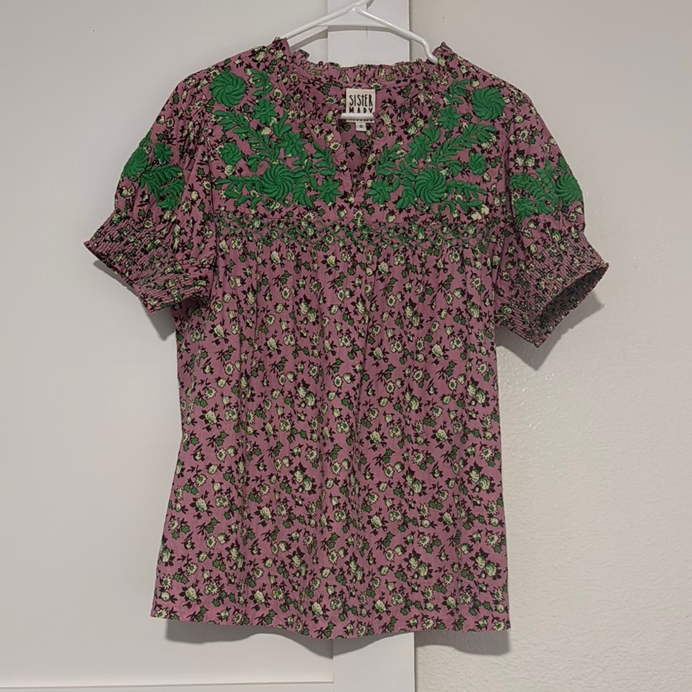 Sister Mary Pink & Green Floral Embroidered Women's Blouse size Small